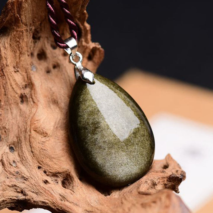 Buddha Stonesゴールドシーンオブシディアン ブラックオブシディアン レインボーオブシディアン ウェルスウォータードロップネックレスペンダント