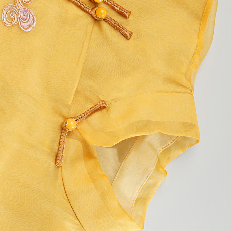 Buddha Stones 100% マルベリーシルク オーガンザ ドレス 刺繍入り イエロー フェニックス チーパオ チャイナドレス