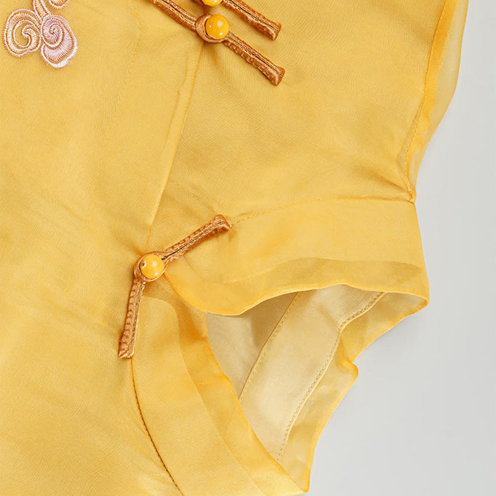 Buddha Stones 100% マルベリーシルク オーガンザ ドレス 刺繍入り イエロー フェニックス チーパオ チャイナドレス