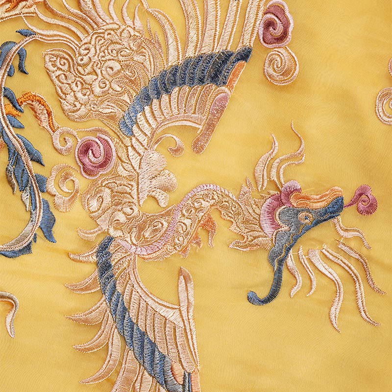 Buddha Stones 100% マルベリーシルク オーガンザ ドレス 刺繍入り イエロー フェニックス チーパオ チャイナドレス