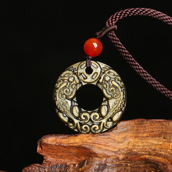 Buddha Stonesゴールド 光沢 黒曜石 平和バックルPiXiu銅貨 富のネックレス ペンダント
