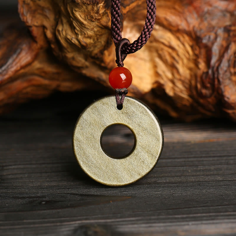 Buddha Stonesゴールド 光沢 黒曜石 平和バックルPiXiu銅貨 富のネックレス ペンダント