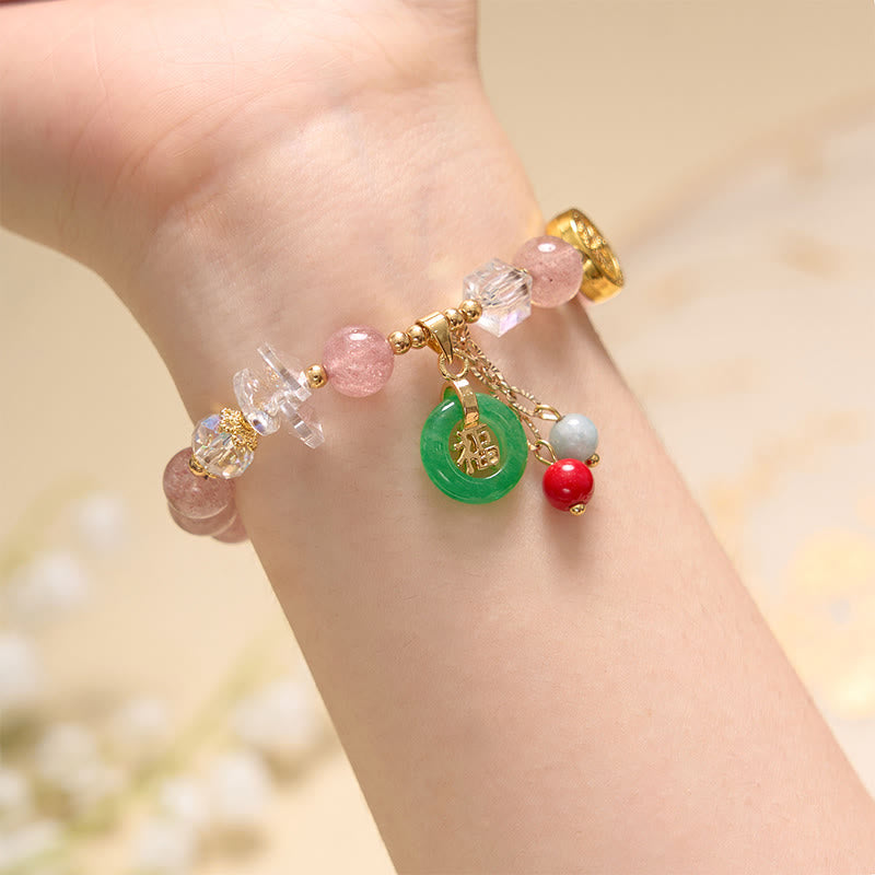 Buddha Stones ストロベリークォーツ&翡翠 福チャーム付き ヒーリングブレスレット