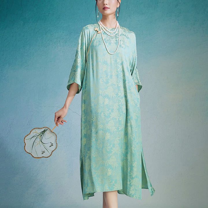 Buddha Stones小花葉ジャカード中国チャイナドレス チーパオ ミディドレス ポケット付き