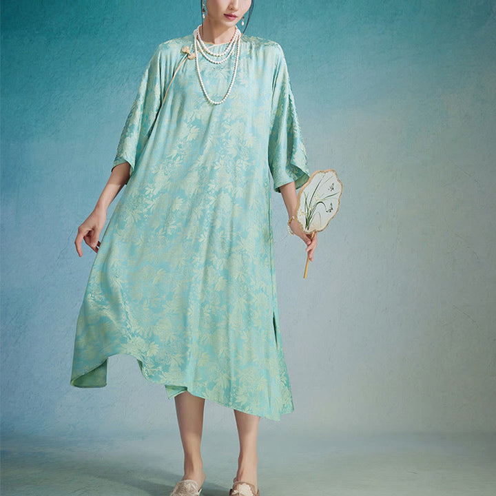 Buddha Stones小花葉ジャカード中国チャイナドレス チーパオ ミディドレス ポケット付き