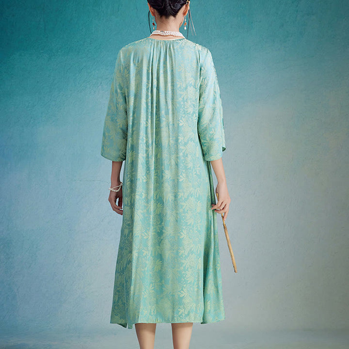 Buddha Stones小花葉ジャカード中国チャイナドレス チーパオ ミディドレス ポケット付き