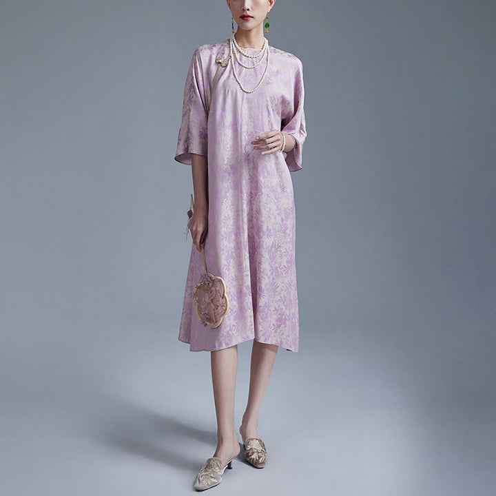 Buddha Stones小花葉ジャカード中国チャイナドレス チーパオ ミディドレス ポケット付き