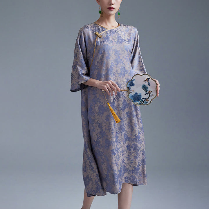 Buddha Stones小花葉ジャカード中国チャイナドレス チーパオ ミディドレス ポケット付き