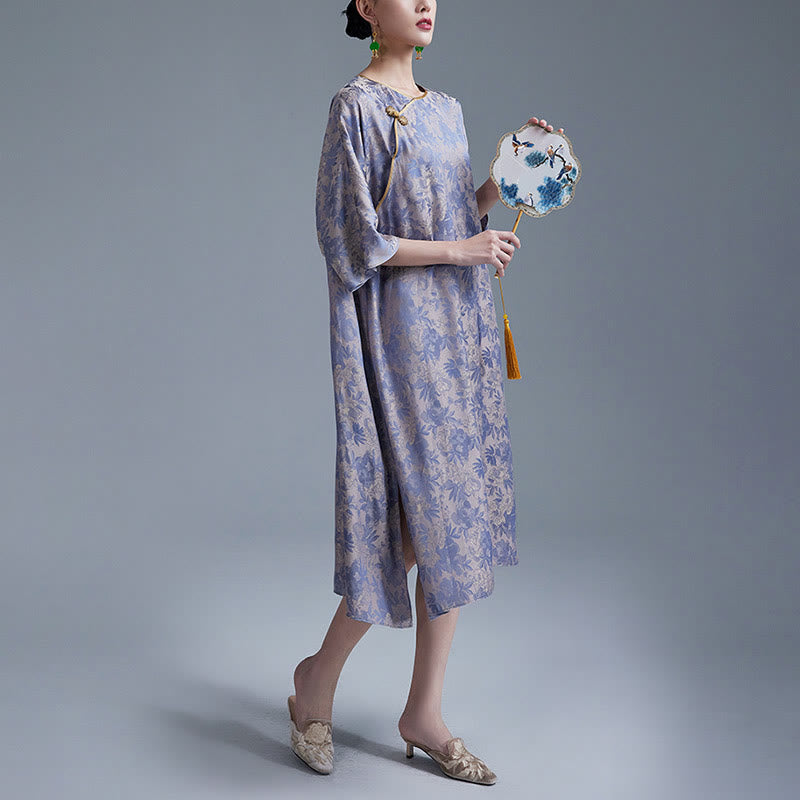 Buddha Stones小花葉ジャカード中国チャイナドレス チーパオ ミディドレス ポケット付き