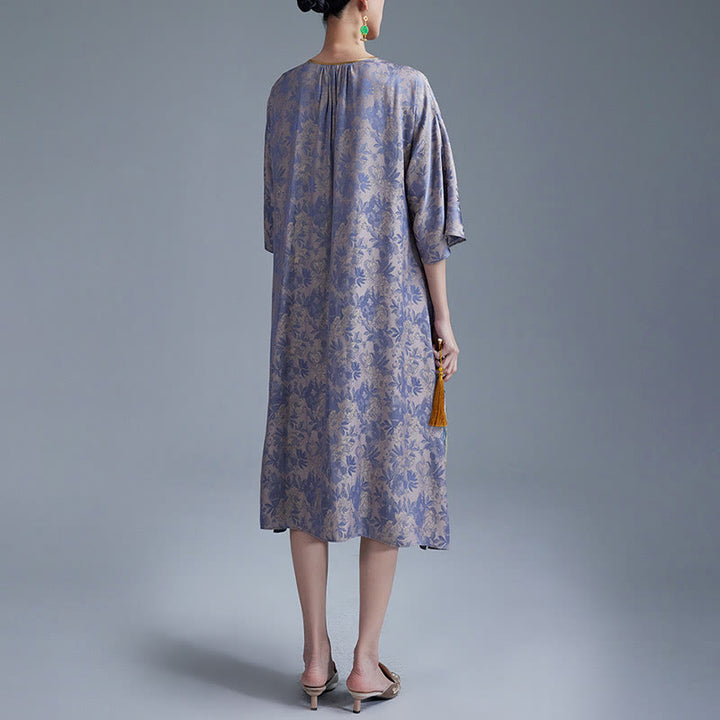 Buddha Stones小花葉ジャカード中国チャイナドレス チーパオ ミディドレス ポケット付き