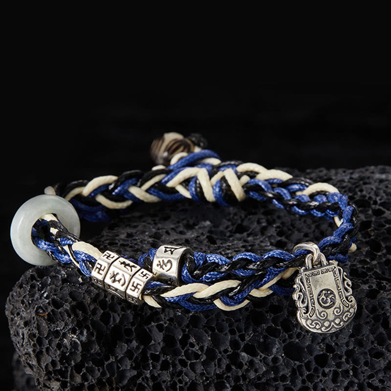 Buddha Stones925スターリングシルバーオーム・マニ・パドメ・フムスワスティカ ハンドメイド守護ブレスレット