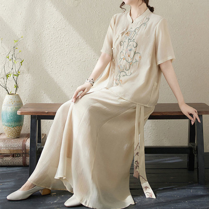 Buddha Stonesフラワー刺繍半袖Tシャツ ワイドレッグパンツ 2点セット