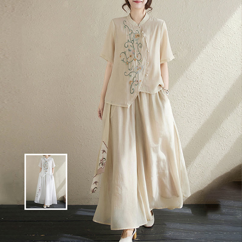 Buddha Stonesフラワー刺繍半袖Tシャツ ワイドレッグパンツ 2点セット