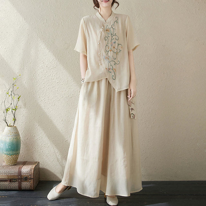 Buddha Stonesフラワー刺繍半袖Tシャツ ワイドレッグパンツ 2点セット