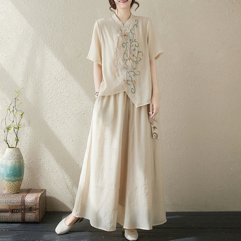 Buddha Stonesフラワー刺繍半袖Tシャツ ワイドレッグパンツ 2点セット