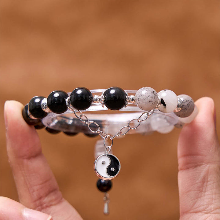 Buddha Stonesシルバーシーンオブシディアンクラックルクリアクォーツ ブラックルチルクォーツ 陰陽蓮華守護ブレスレット