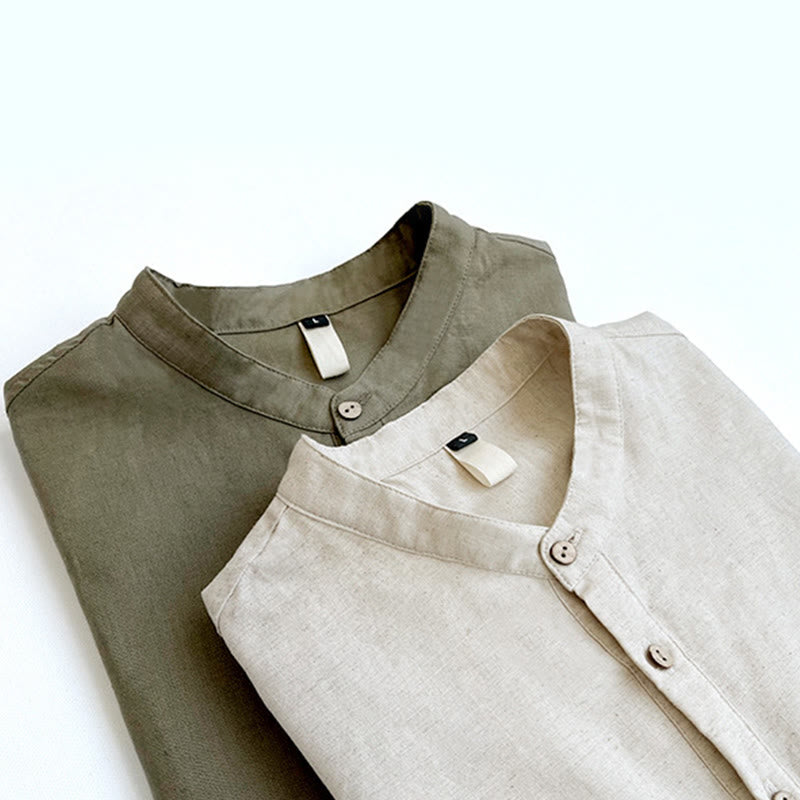 Buddha Stones無地 メンズ 半袖 ボタン リネン シャツ