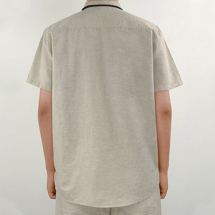 Buddha Stones無地 メンズ 半袖 ボタン リネン シャツ
