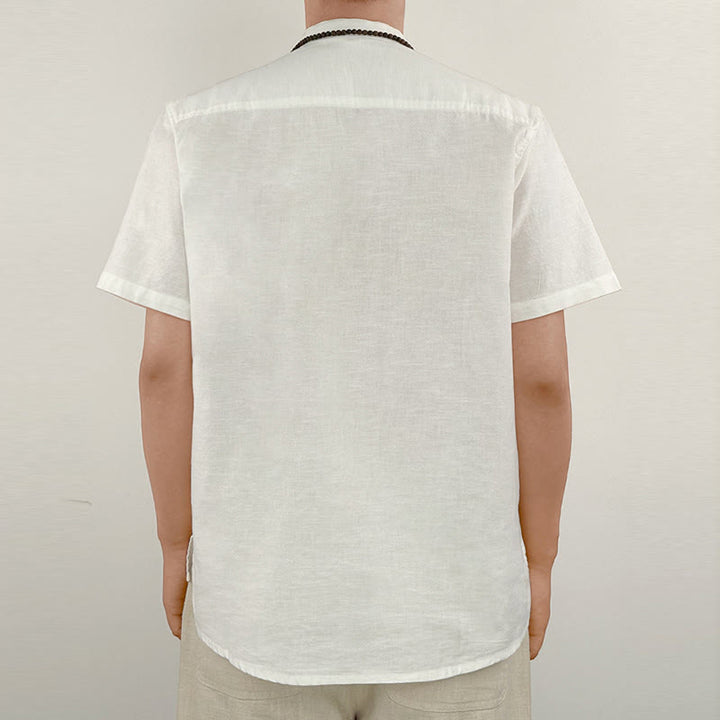 Buddha Stones無地 メンズ 半袖 ボタン リネン シャツ