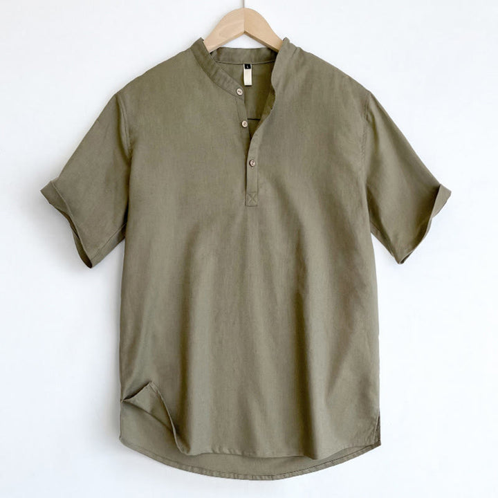 Buddha Stones無地 メンズ 半袖 ボタン リネン シャツ