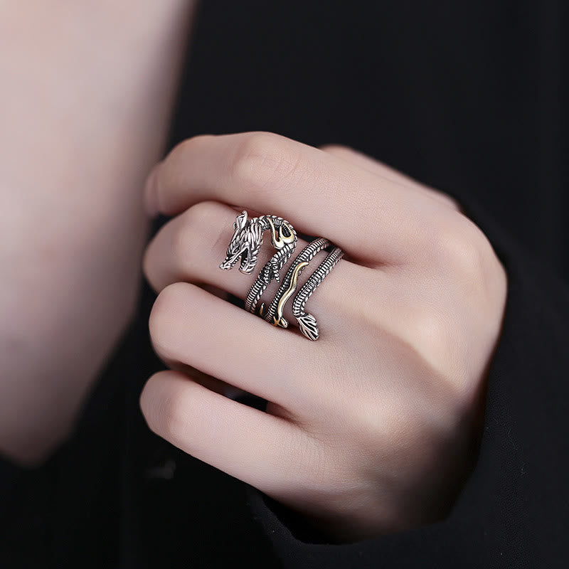 Buddha Stonesヴィンテージドラゴン柄銅製強度リング