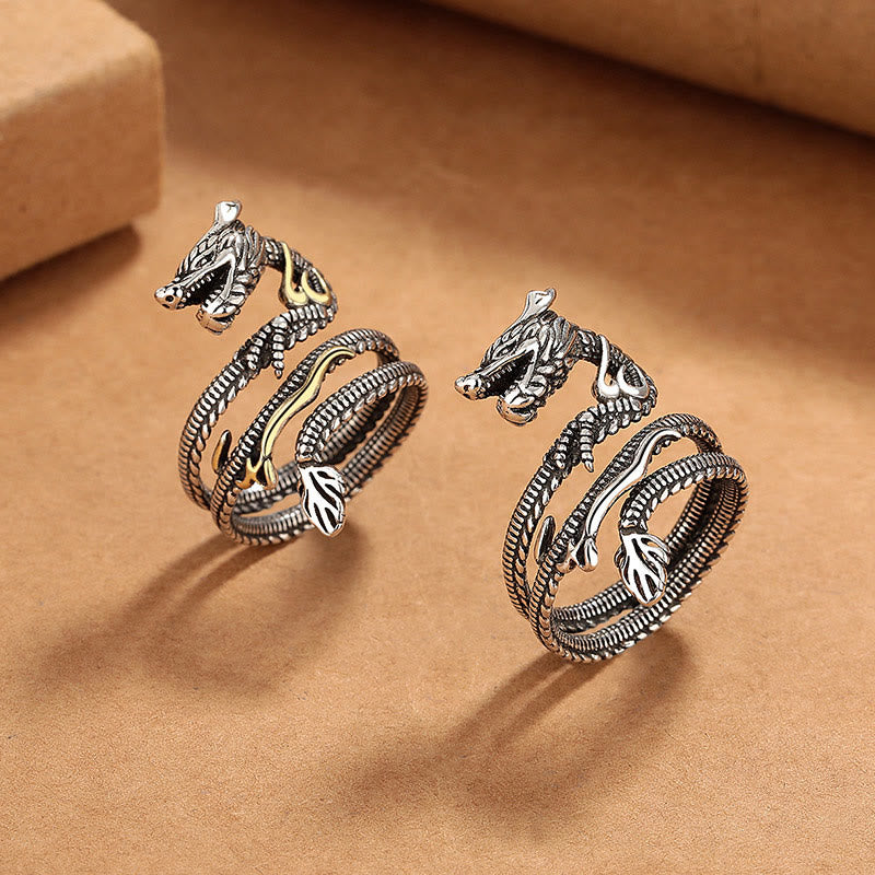 Buddha Stonesヴィンテージドラゴン柄銅製強度リング