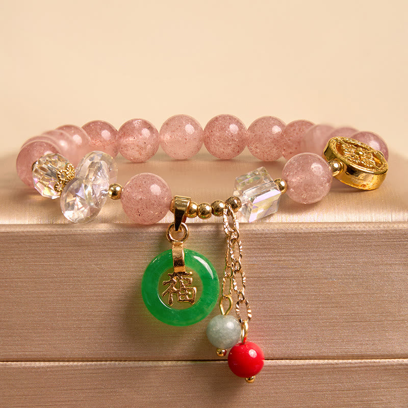 Buddha Stones ストロベリークォーツ&翡翠 福チャーム付き ヒーリングブレスレット