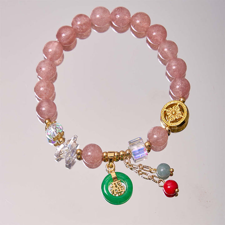 Buddha Stones ストロベリークォーツ&翡翠 福チャーム付き ヒーリングブレスレット