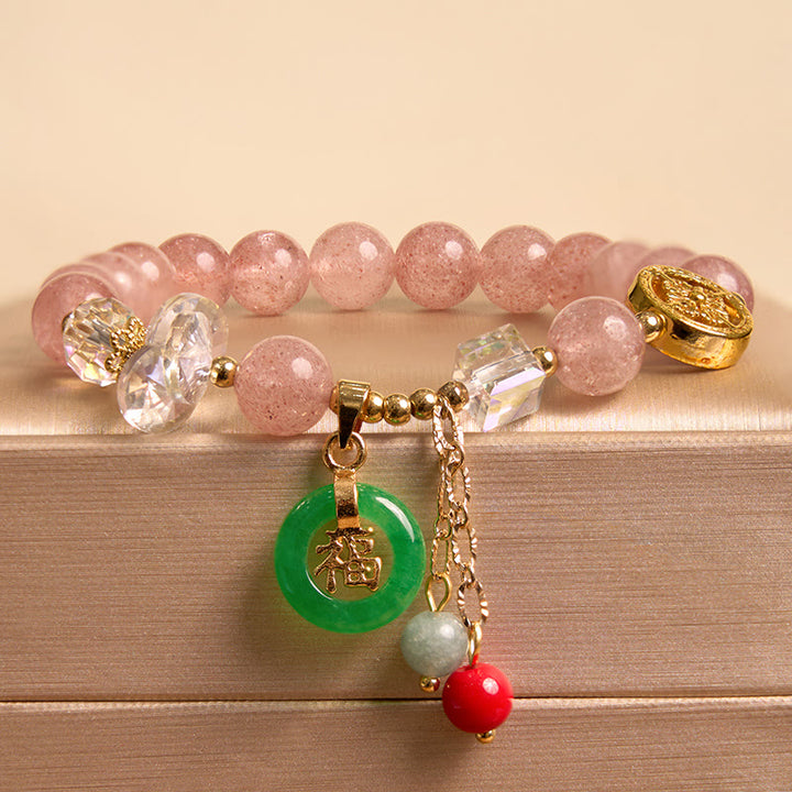 Buddha Stones ストロベリークォーツ&翡翠 福チャーム付き ヒーリングブレスレット