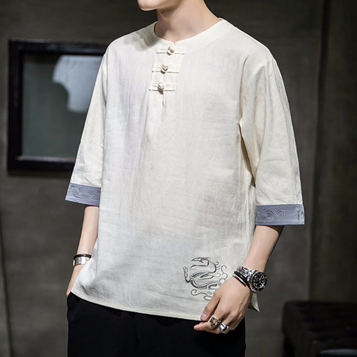 Buddha Stonesカエルボタン ドラゴン刺繍 中国唐装 七分袖シャツ コットンリネン メンズ服 - image 6