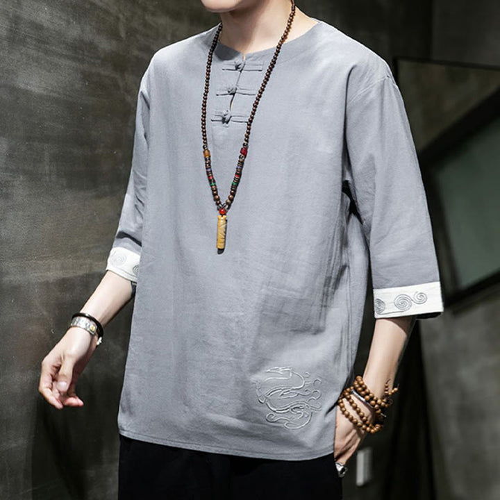 Buddha Stonesカエルボタン ドラゴン刺繍 中国唐装 七分袖シャツ コットンリネン メンズ服 - image 17