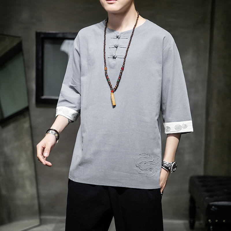 Buddha Stonesカエルボタン ドラゴン刺繍 中国唐装 七分袖シャツ コットンリネン メンズ服 - image 18