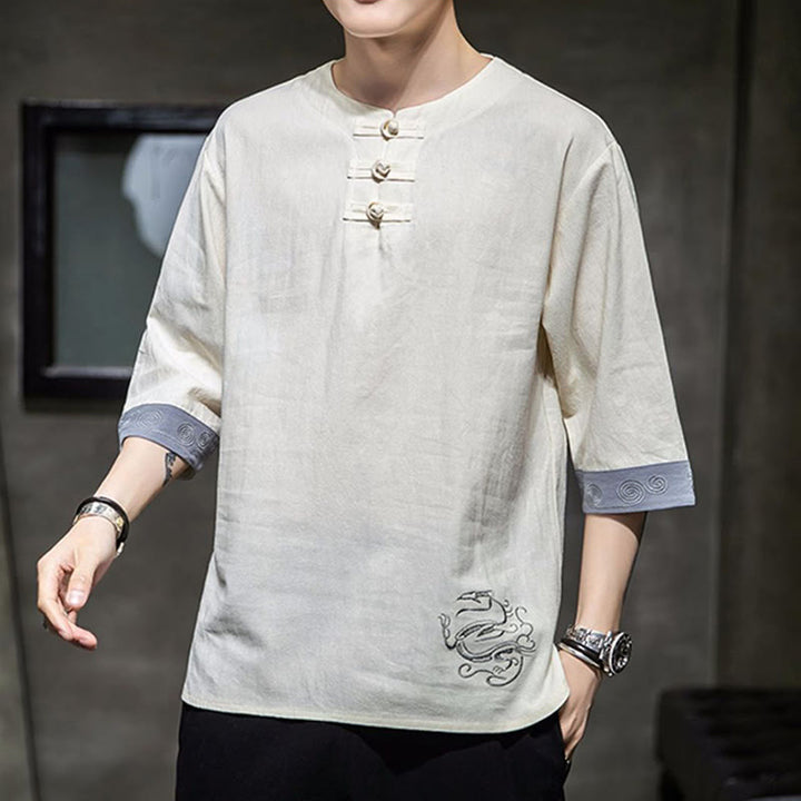 Buddha Stonesカエルボタン ドラゴン刺繍 中国唐装 七分袖シャツ コットンリネン メンズ服 - image 7