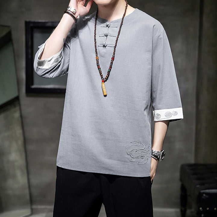 Buddha Stonesカエルボタン ドラゴン刺繍 中国唐装 七分袖シャツ コットンリネン メンズ服 - image 20