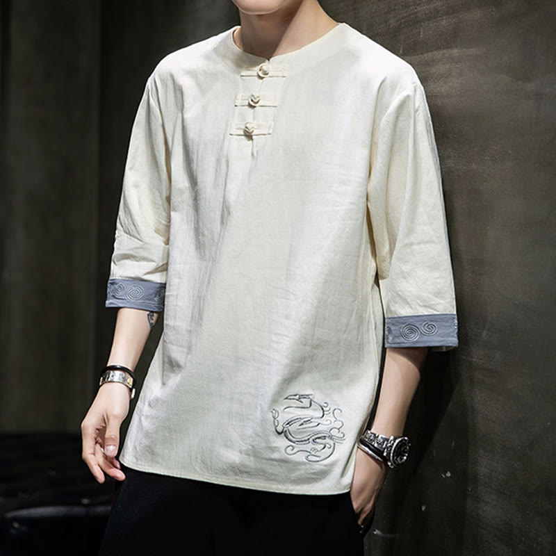 Buddha Stonesカエルボタン ドラゴン刺繍 中国唐装 七分袖シャツ コットンリネン メンズ服 - image 4