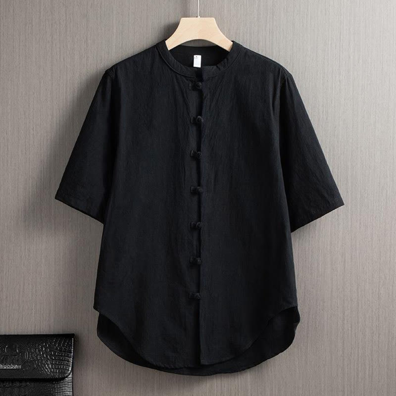 Buddha Stonesカエルボタン 無地 中国唐装 半袖シャツ コットンリネン メンズ服 - 黒 - US/UK/AU46、 EU56 (5XL) - image 5
