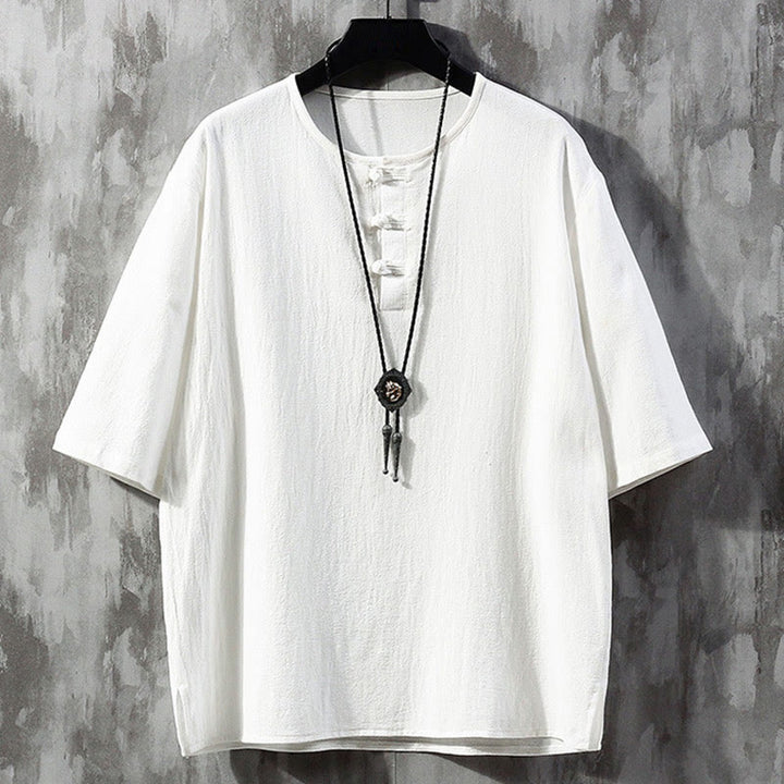 Buddha Stonesカエルボタン 無地 中国唐装 半袖シャツ リネン メンズ 服 - 白 - US/UK/AU46、 EU56 (5XL)  - image 2