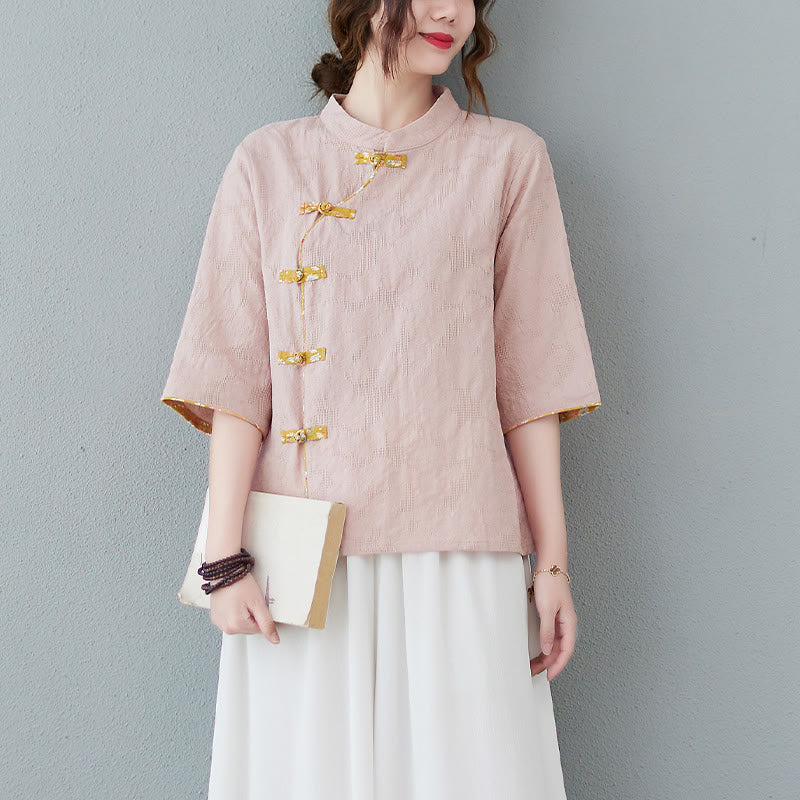 Buddha Stones柄フロッグボタン半袖コットンリネンシャツ - ライトピンク - 2XL( US8-10、 UK/AU12-14、EU40-42に適合) - image 0