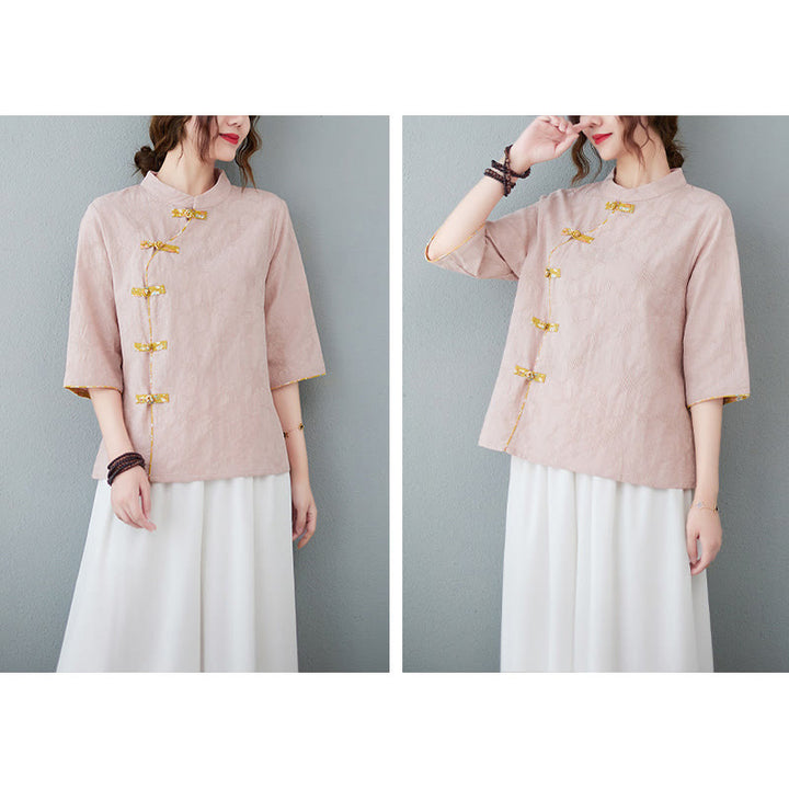 Buddha Stones柄フロッグボタン半袖コットンリネンシャツ - image 1