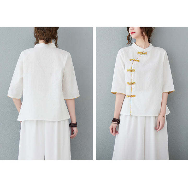 Buddha Stones柄フロッグボタン半袖コットンリネンシャツ - image 6