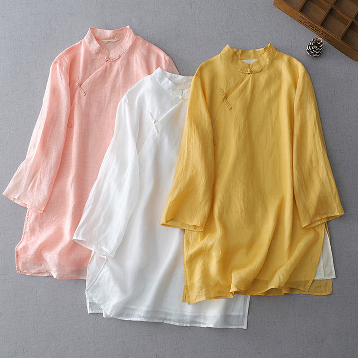 Buddha Stones無地 フロッグボタン 七分袖 ダブルレイヤー コットンリネンシャツ - image 1