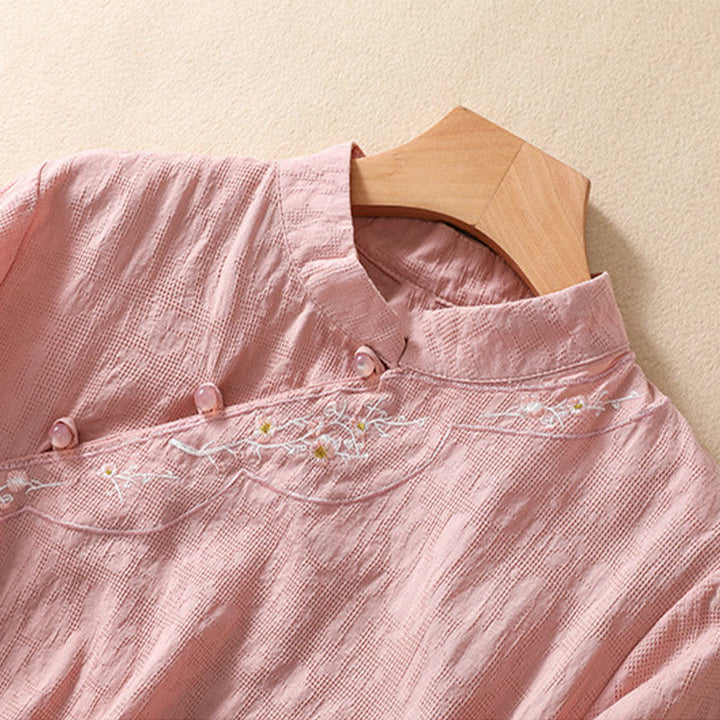 Buddha Stones梅刺繍カエルボタン半袖コットンリネンシャツ - image 2