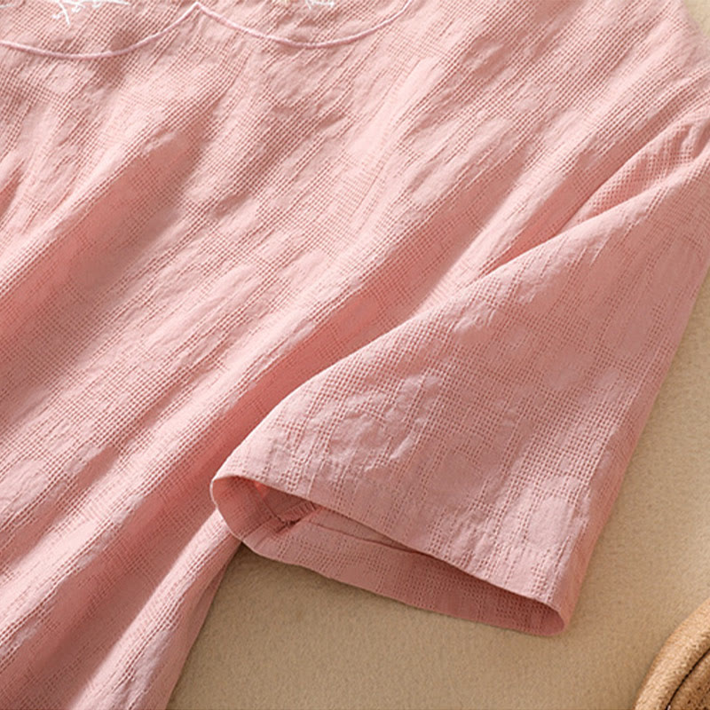 Buddha Stones梅刺繍カエルボタン半袖コットンリネンシャツ - image 8