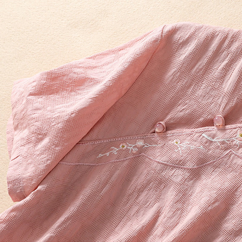 Buddha Stones梅刺繍カエルボタン半袖コットンリネンシャツ - image 5