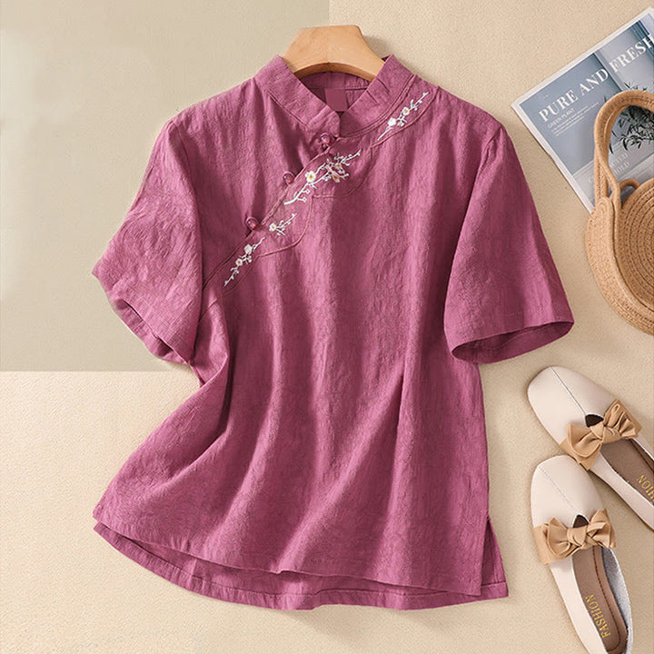 Buddha Stones梅刺繍カエルボタン半袖コットンリネンシャツ - ペールバイオレットレッド - 2XL( US8-10、 UK/AU12-14、EU40-42に適合) - image 33