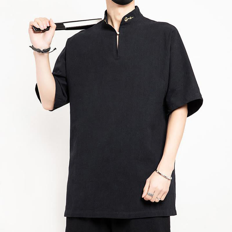 Buddha Stones中国唐装 刺繍 半袖シャツ リネン メンズ服