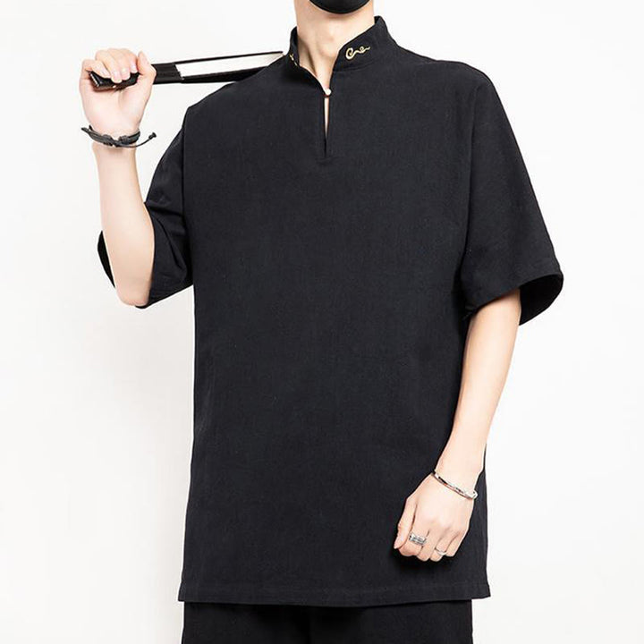 Buddha Stones中国唐装 刺繍 半袖シャツ リネン メンズ服