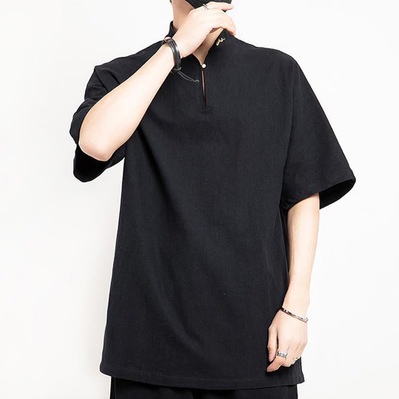 Buddha Stones中国唐装 刺繍 半袖シャツ リネン メンズ服