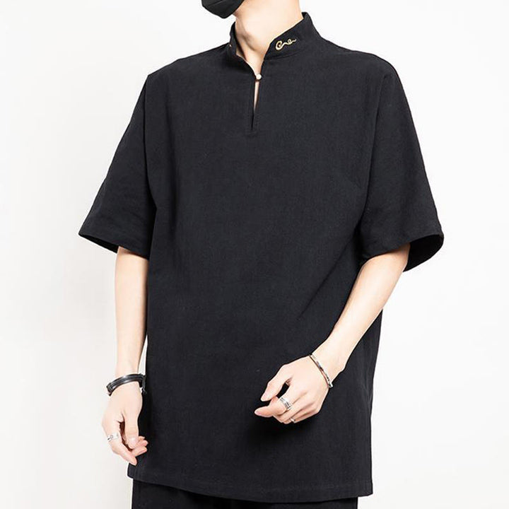 Buddha Stones中国唐装 刺繍 半袖シャツ リネン メンズ服