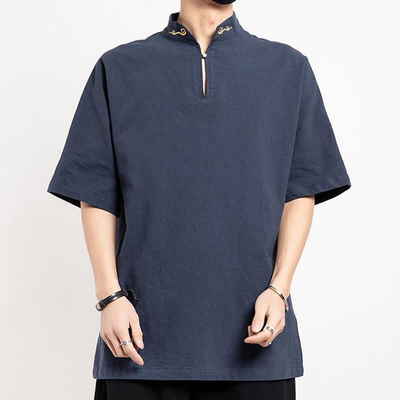 Buddha Stones中国唐装 刺繍 半袖シャツ リネン メンズ服